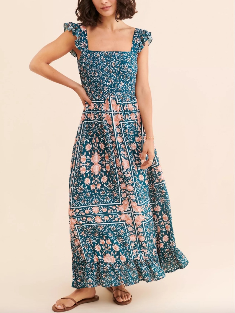 Anthropologie Especia Acuario Maxi Dress Teal Pink Florals Small Boho Open Back